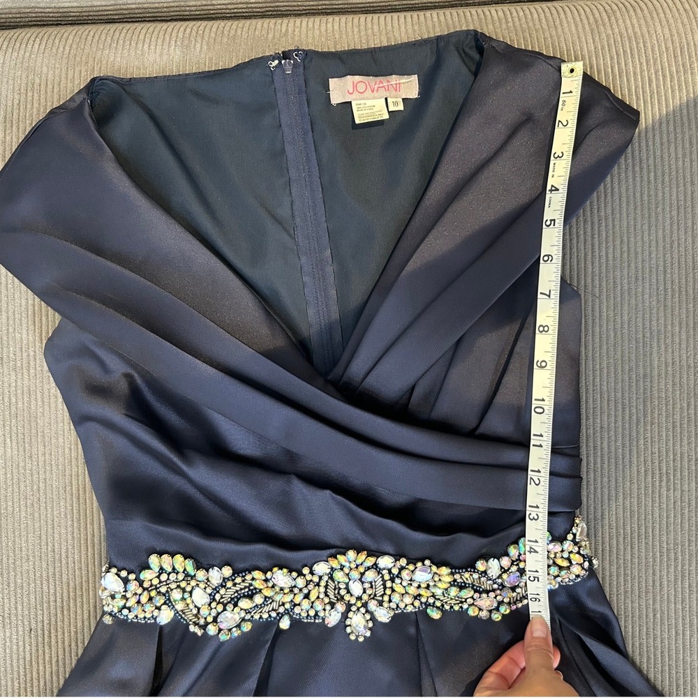 Jovani 25190 Navy Blue 10 Satin Portrait Neck Crystal Waist Evening Gown Dress - Picture 15 of 16